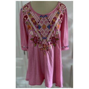 Johnny Was JWLA Pink Embroidered Round Neck Blouse Boho Top S